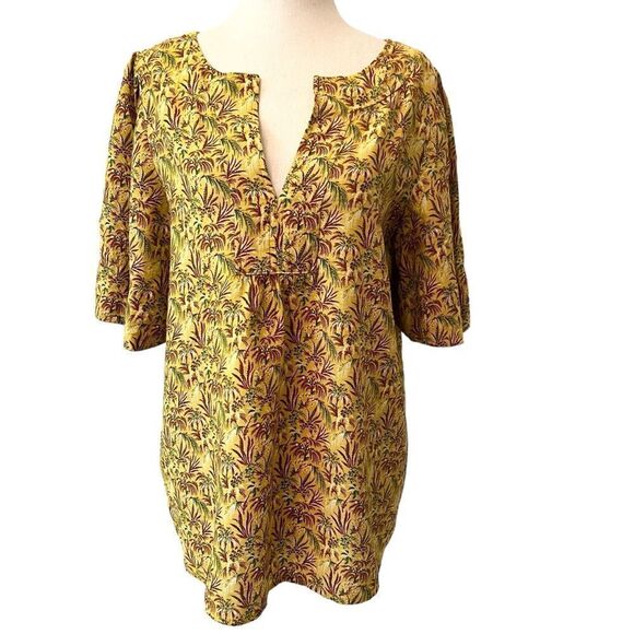 Ann Taylor MT Boho Print Half sleeve Tunic Top Mustard Yellow Green Burgundy - Picture 2 of 7